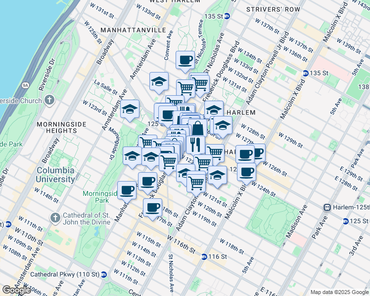 map of restaurants, bars, coffee shops, grocery stores, and more near 2296 Frederick Douglass Boulevard in New York