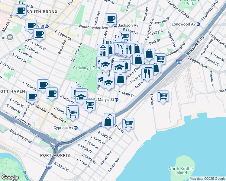 map of restaurants, bars, coffee shops, grocery stores, and more near 792 East 144th Street in Bronx