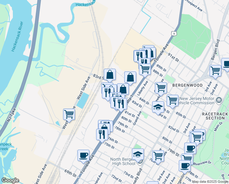 map of restaurants, bars, coffee shops, grocery stores, and more near 2043 83rd Street in North Bergen