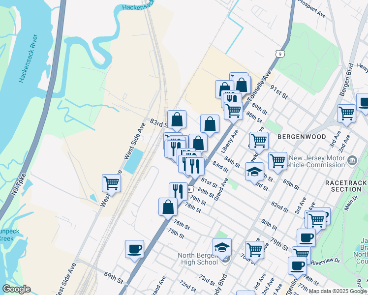 map of restaurants, bars, coffee shops, grocery stores, and more near 2043 83rd Street in North Bergen