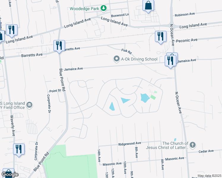 map of restaurants, bars, coffee shops, grocery stores, and more near 6 Mayflower Lane in Holtsville