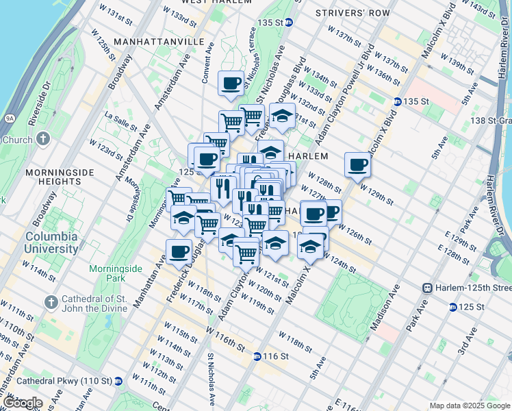 map of restaurants, bars, coffee shops, grocery stores, and more near 230 West 125th Street in New York