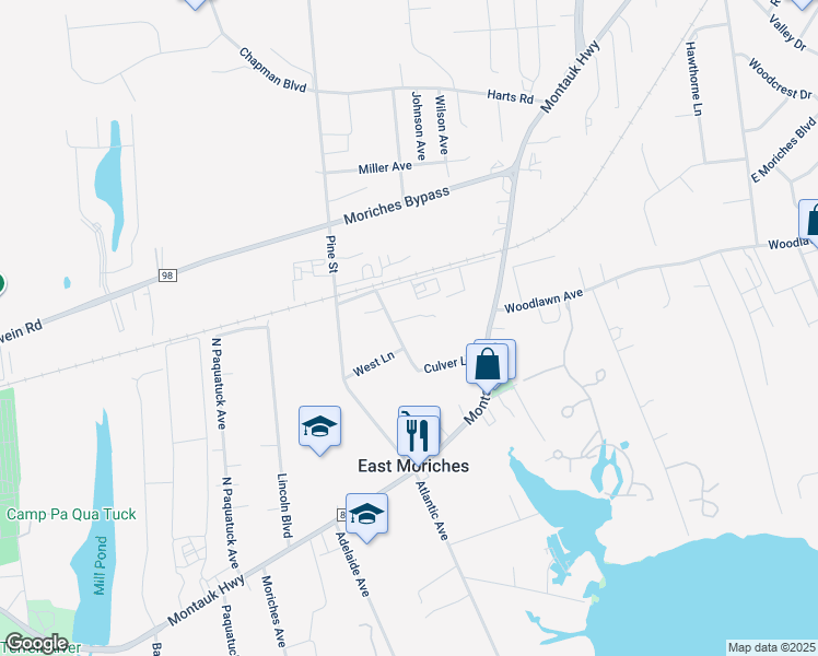 map of restaurants, bars, coffee shops, grocery stores, and more near 35 Culver Lane in East Moriches