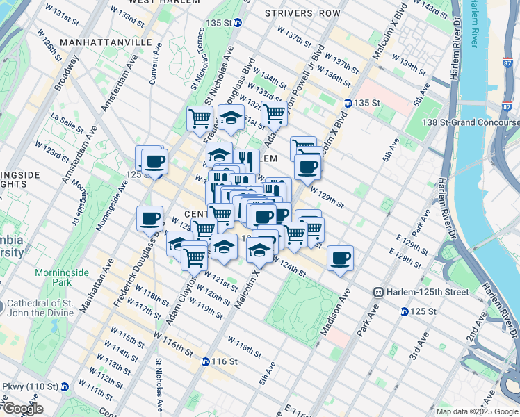 map of restaurants, bars, coffee shops, grocery stores, and more near 2105 Adam Clayton Powell Junior Boulevard in New York