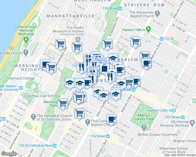 map of restaurants, bars, coffee shops, grocery stores, and more near 2296 Frederick Douglass Boulevard in New York