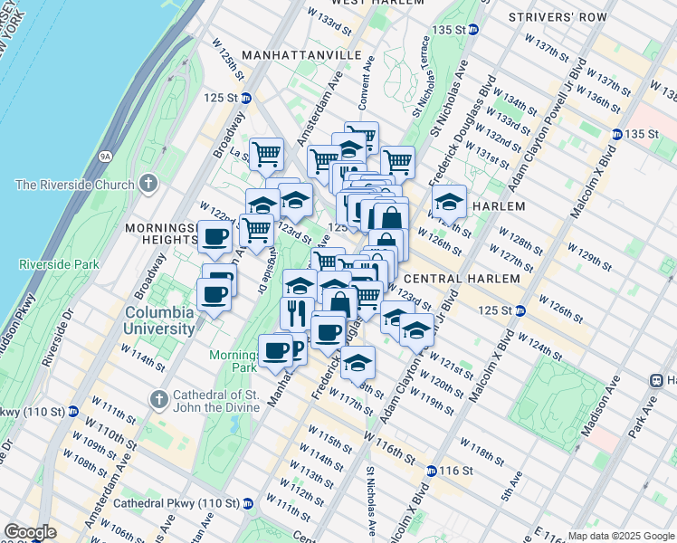 map of restaurants, bars, coffee shops, grocery stores, and more near 342 West 122nd Street in New York