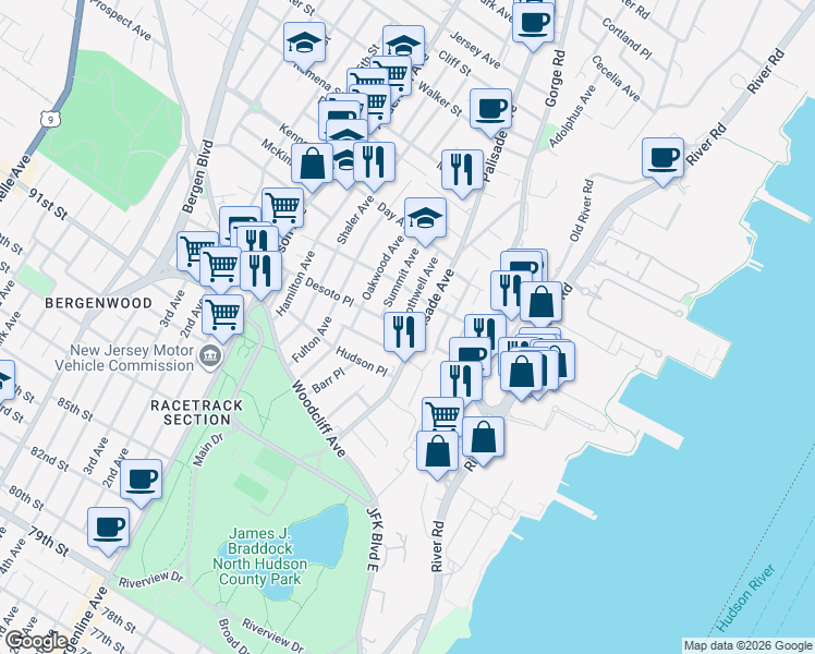 map of restaurants, bars, coffee shops, grocery stores, and more near 210 Desoto Place in Cliffside Park