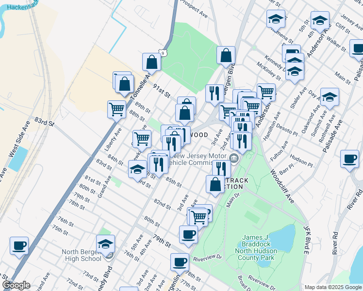 map of restaurants, bars, coffee shops, grocery stores, and more near 1012 88th Street in North Bergen