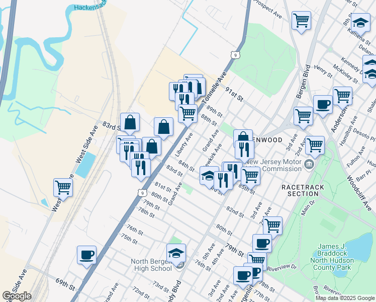 map of restaurants, bars, coffee shops, grocery stores, and more near 8419 Columbia Avenue in North Bergen