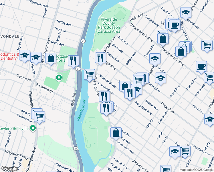 map of restaurants, bars, coffee shops, grocery stores, and more near 126 Copeland Avenue in Lyndhurst