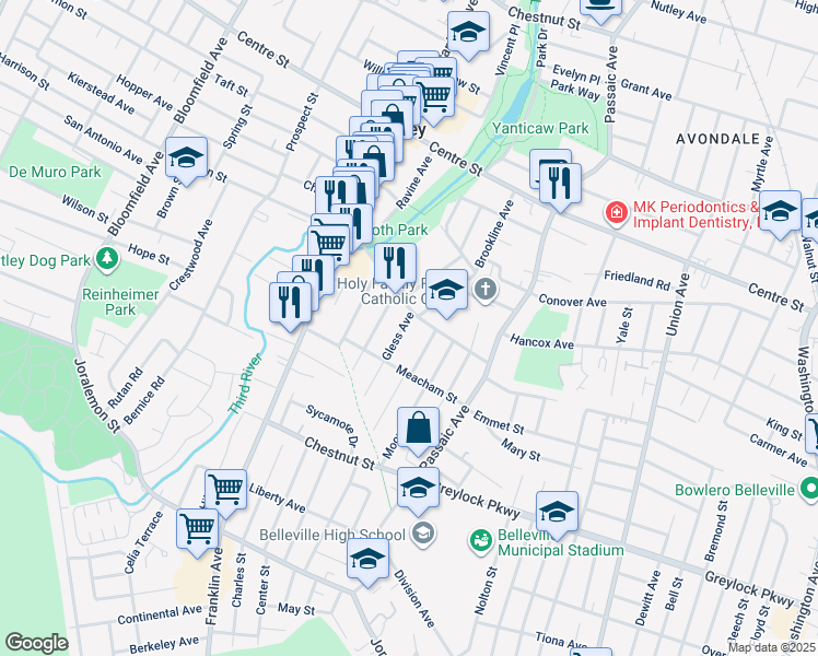 map of restaurants, bars, coffee shops, grocery stores, and more near 8 Newark Avenue in Nutley