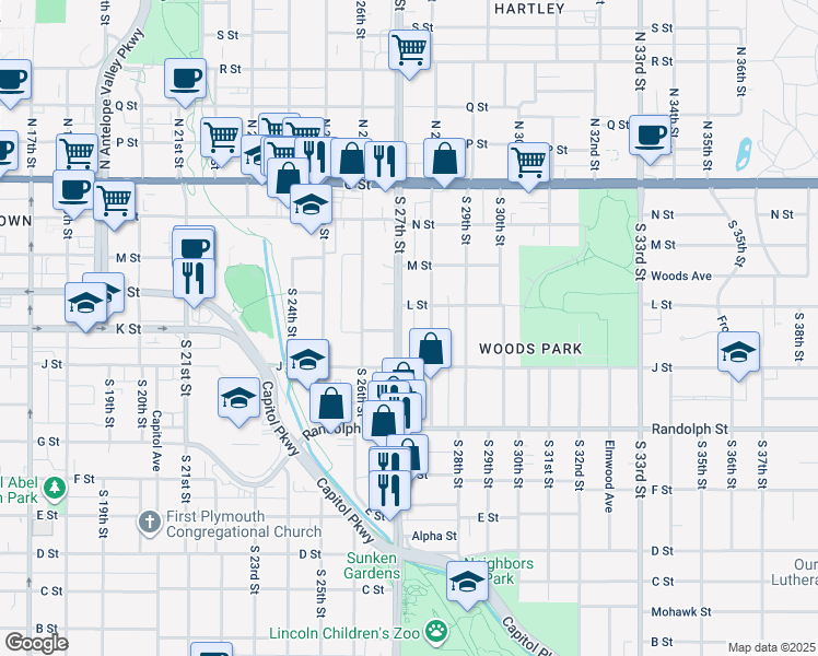 map of restaurants, bars, coffee shops, grocery stores, and more near 505 South 27th Street in Lincoln