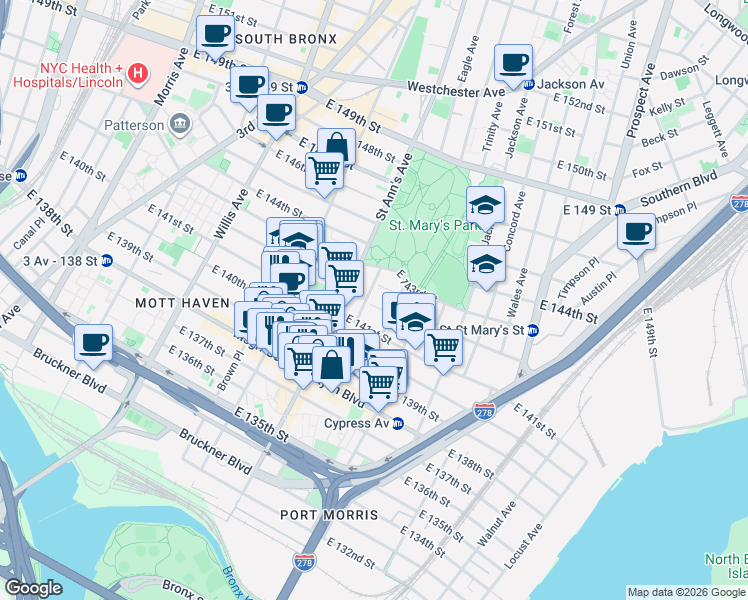map of restaurants, bars, coffee shops, grocery stores, and more near 593 Oak Terrace in Bronx