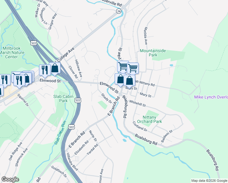 map of restaurants, bars, coffee shops, grocery stores, and more near 830 Elmwood Street in State College