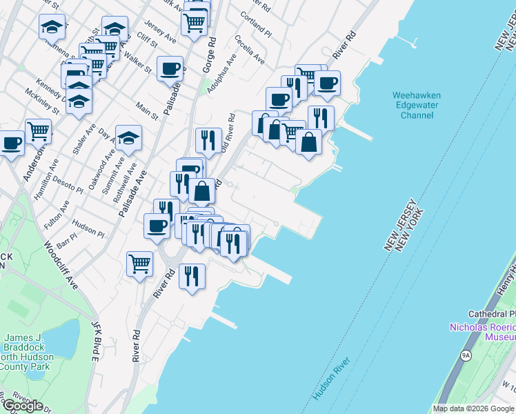 map of restaurants, bars, coffee shops, grocery stores, and more near 314 Thornton Court in Edgewater