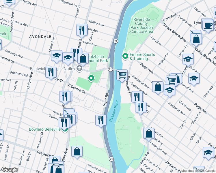 map of restaurants, bars, coffee shops, grocery stores, and more near 103 River Road in Nutley