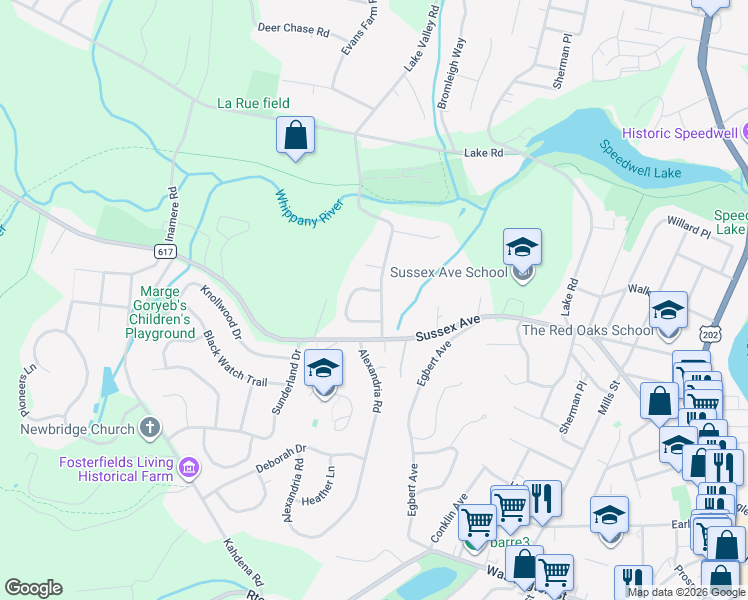 map of restaurants, bars, coffee shops, grocery stores, and more near 16 Lake Valley Road in Morristown