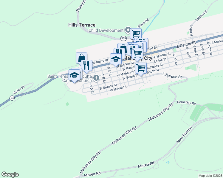 map of restaurants, bars, coffee shops, grocery stores, and more near 439 West Maple Street in Mahanoy City