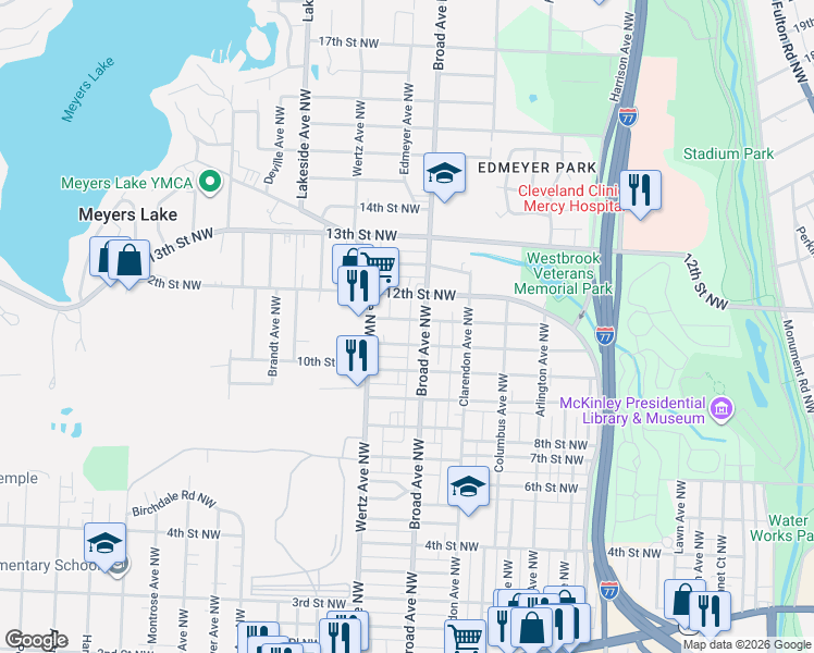 map of restaurants, bars, coffee shops, grocery stores, and more near 1109 Broad Avenue Northwest in Canton