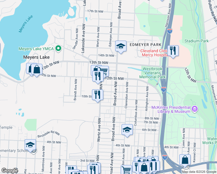map of restaurants, bars, coffee shops, grocery stores, and more near 2913 11th Street Northwest in Canton