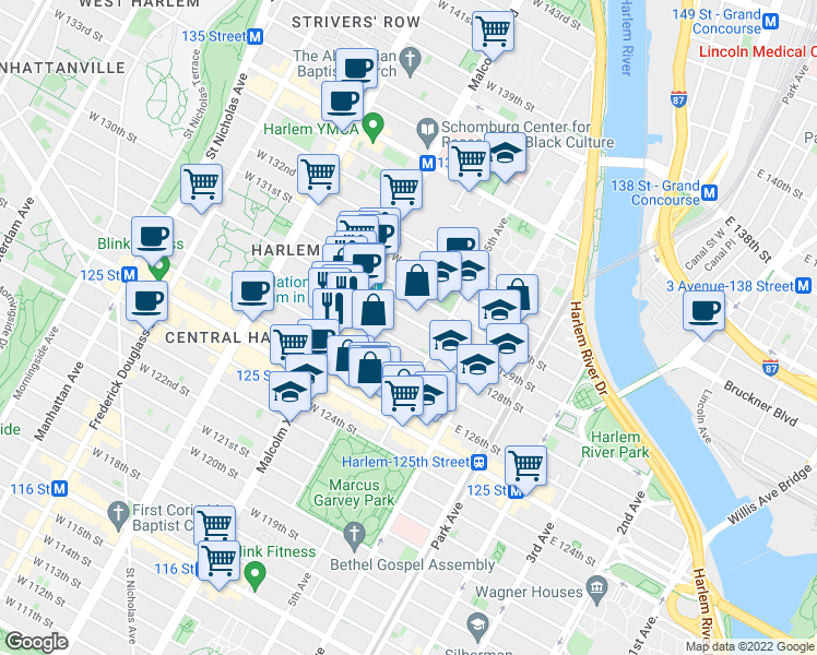 map of restaurants, bars, coffee shops, grocery stores, and more near in New York