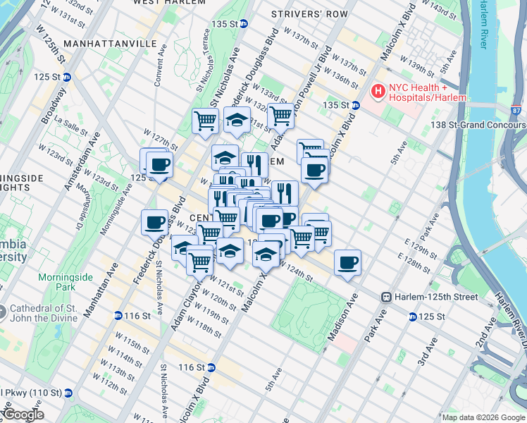 map of restaurants, bars, coffee shops, grocery stores, and more near 2105 Adam Clayton Powell Junior Boulevard in New York