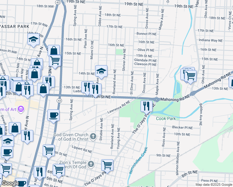 map of restaurants, bars, coffee shops, grocery stores, and more near 1309 12th Street Northeast in Canton