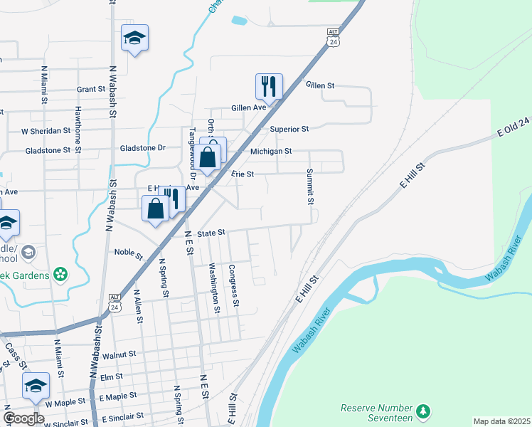 map of restaurants, bars, coffee shops, grocery stores, and more near 885 Clark Street in Wabash