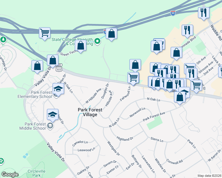 map of restaurants, bars, coffee shops, grocery stores, and more near 579 Hillside Avenue in State College