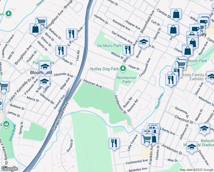 map of restaurants, bars, coffee shops, grocery stores, and more near 23 Hoover Avenue in Bloomfield