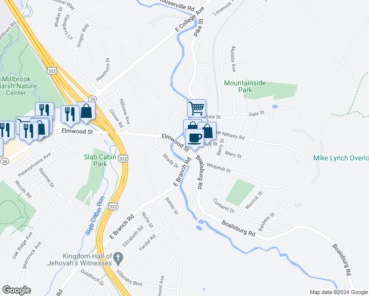 map of restaurants, bars, coffee shops, grocery stores, and more near 830 Elmwood Street in State College