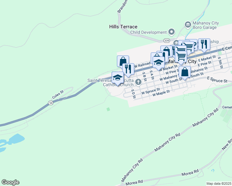 map of restaurants, bars, coffee shops, grocery stores, and more near 1 Golden Bear Drive in Mahanoy City