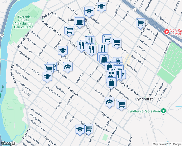 map of restaurants, bars, coffee shops, grocery stores, and more near 340 Chase Avenue in Lyndhurst