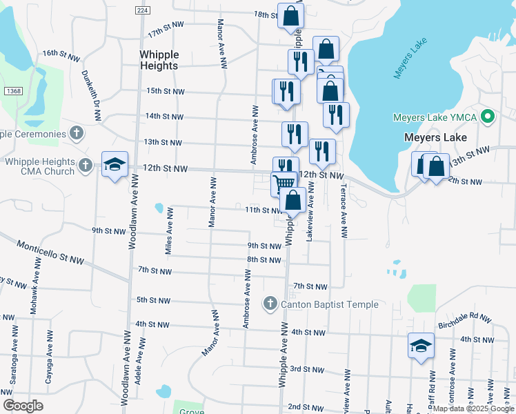map of restaurants, bars, coffee shops, grocery stores, and more near 4455 11th Street Northwest in Canton