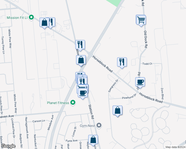 map of restaurants, bars, coffee shops, grocery stores, and more near 50 Horseblock Road in Yaphank