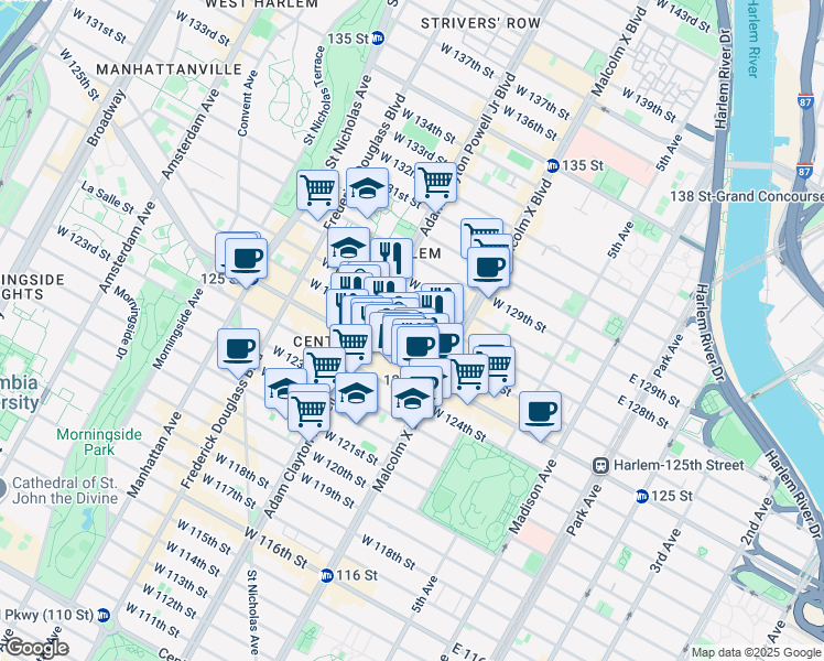 map of restaurants, bars, coffee shops, grocery stores, and more near 2105 Adam Clayton Powell Junior Boulevard in New York