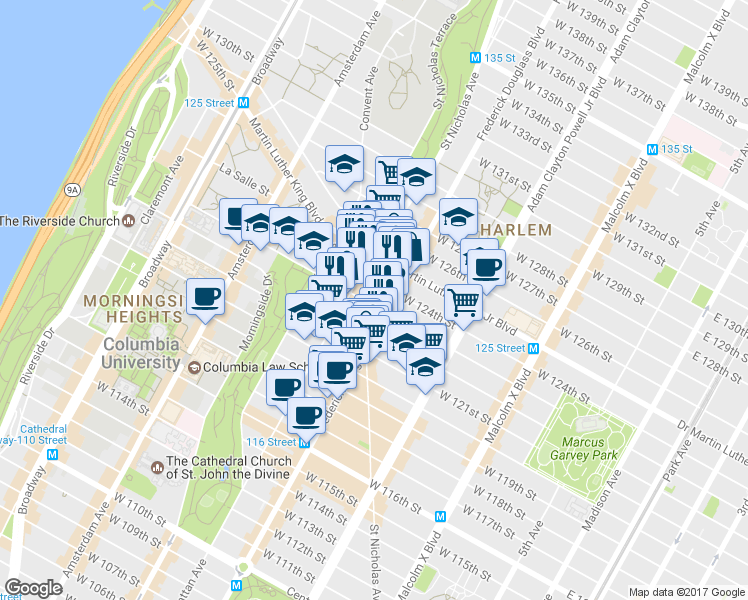 map of restaurants, bars, coffee shops, grocery stores, and more near 258 St Nicholas Ave in New York