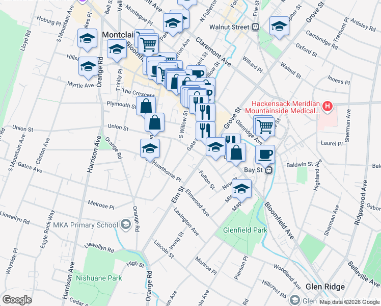 map of restaurants, bars, coffee shops, grocery stores, and more near 30 Gates Avenue in Montclair