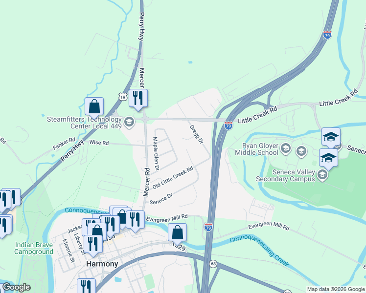 map of restaurants, bars, coffee shops, grocery stores, and more near 110 Gregg Drive in Harmony