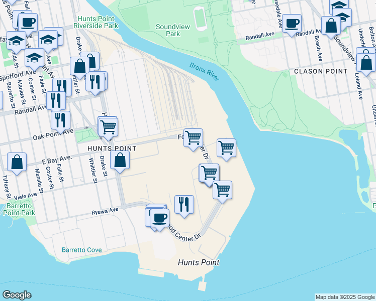 map of restaurants, bars, coffee shops, grocery stores, and more near 155 Food Center Drive in Bronx
