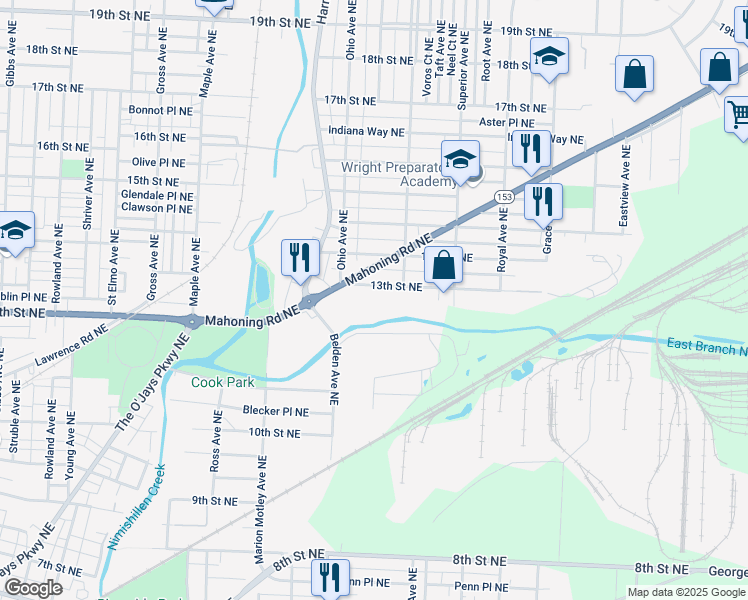 map of restaurants, bars, coffee shops, grocery stores, and more near 2206 13th Street Northeast in Canton