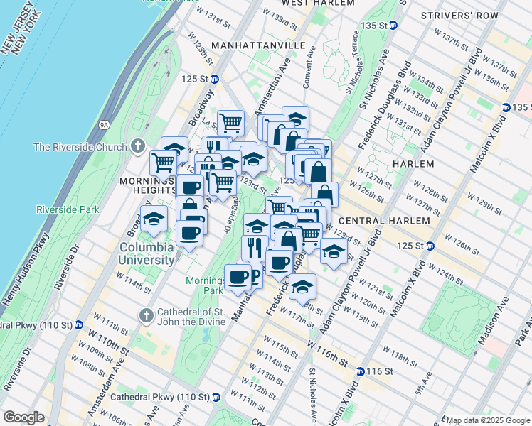 map of restaurants, bars, coffee shops, grocery stores, and more near 88 Morningside Avenue in New York