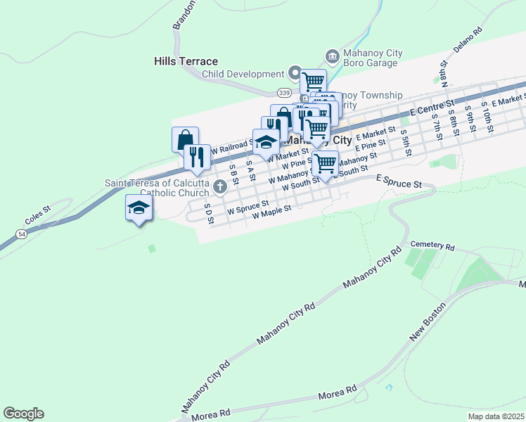 map of restaurants, bars, coffee shops, grocery stores, and more near 337 West Maple Street in Mahanoy City