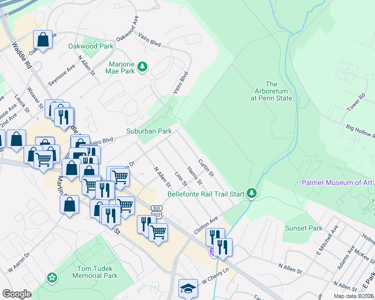 map of restaurants, bars, coffee shops, grocery stores, and more near 1436 Curtin Street in State College
