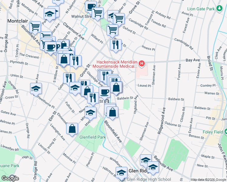 map of restaurants, bars, coffee shops, grocery stores, and more near in Montclair