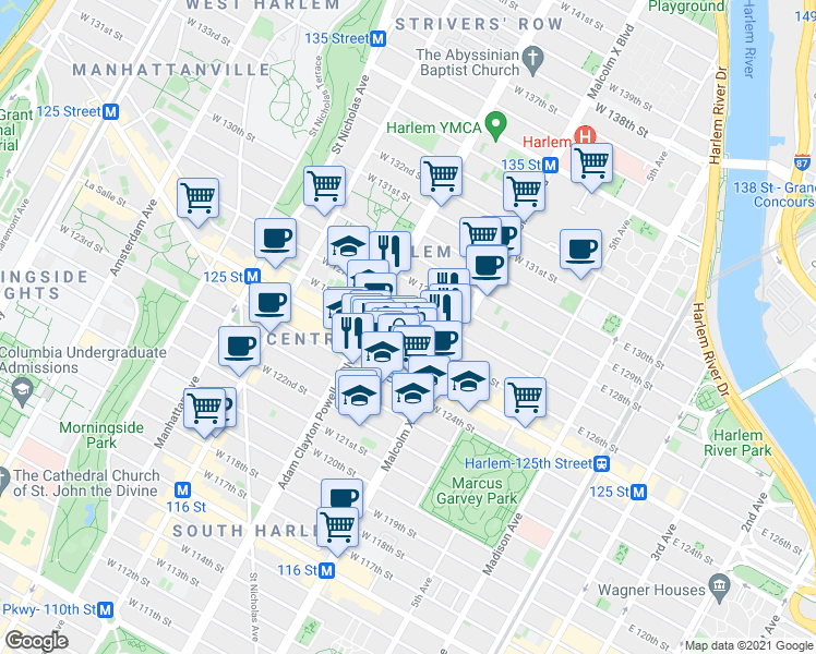 map of restaurants, bars, coffee shops, grocery stores, and more near 2105 Adam Clayton Powell Junior Boulevard in New York