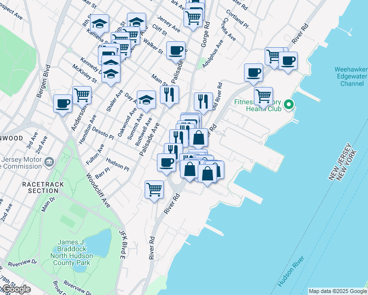 map of restaurants, bars, coffee shops, grocery stores, and more near 1011 Hudson Park in Edgewater