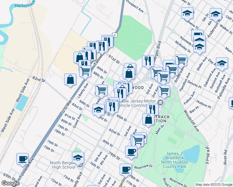 map of restaurants, bars, coffee shops, grocery stores, and more near 8705 John F. Kennedy Boulevard in North Bergen