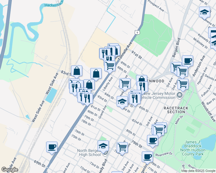 map of restaurants, bars, coffee shops, grocery stores, and more near 8419 Columbia Avenue in North Bergen
