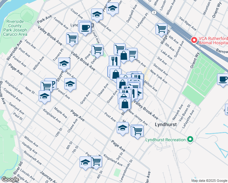 map of restaurants, bars, coffee shops, grocery stores, and more near 320 Green Avenue in Lyndhurst